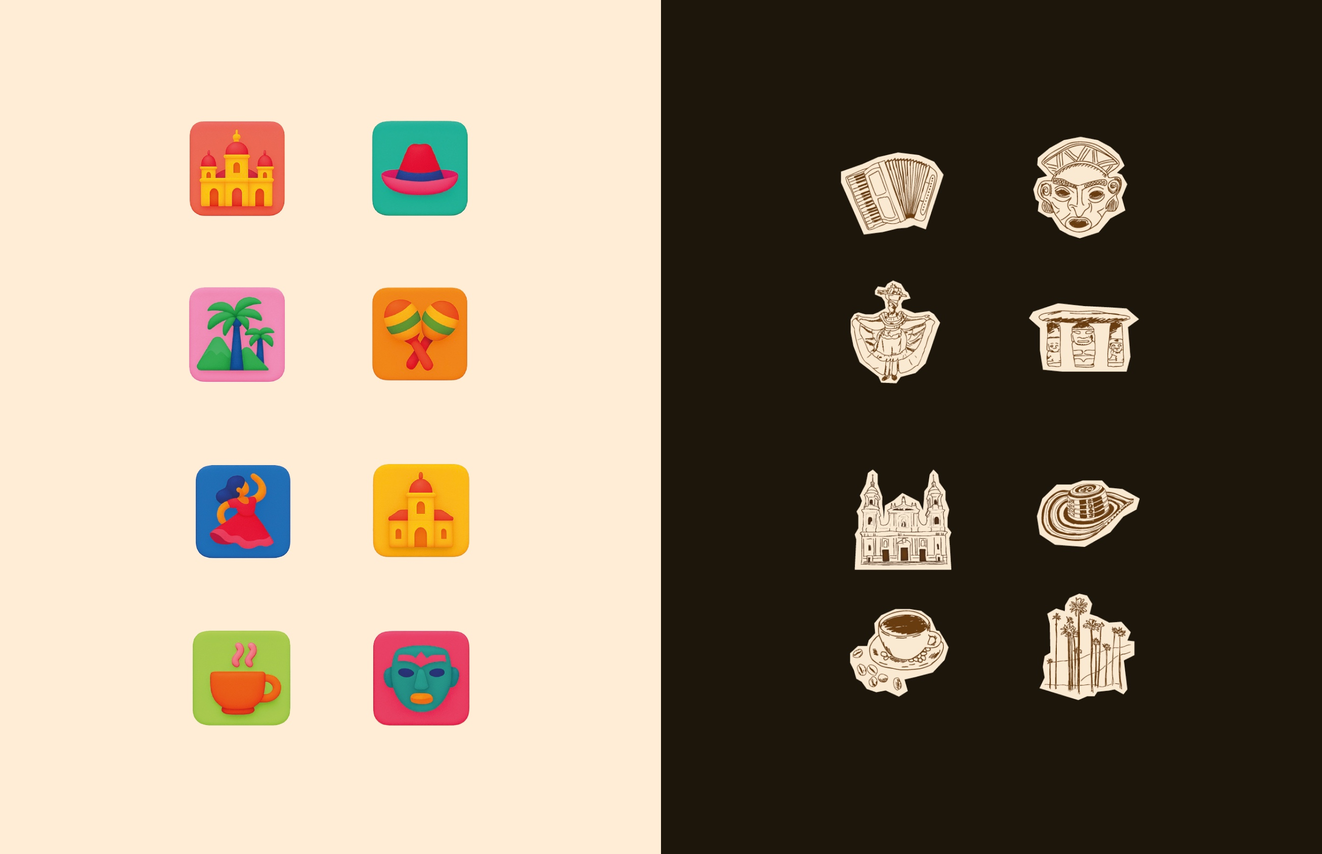 Two Bogotá icon sets side by side: bright AI-assisted app icons on cream and hand-drawn coffee-toned line-art icons on dark