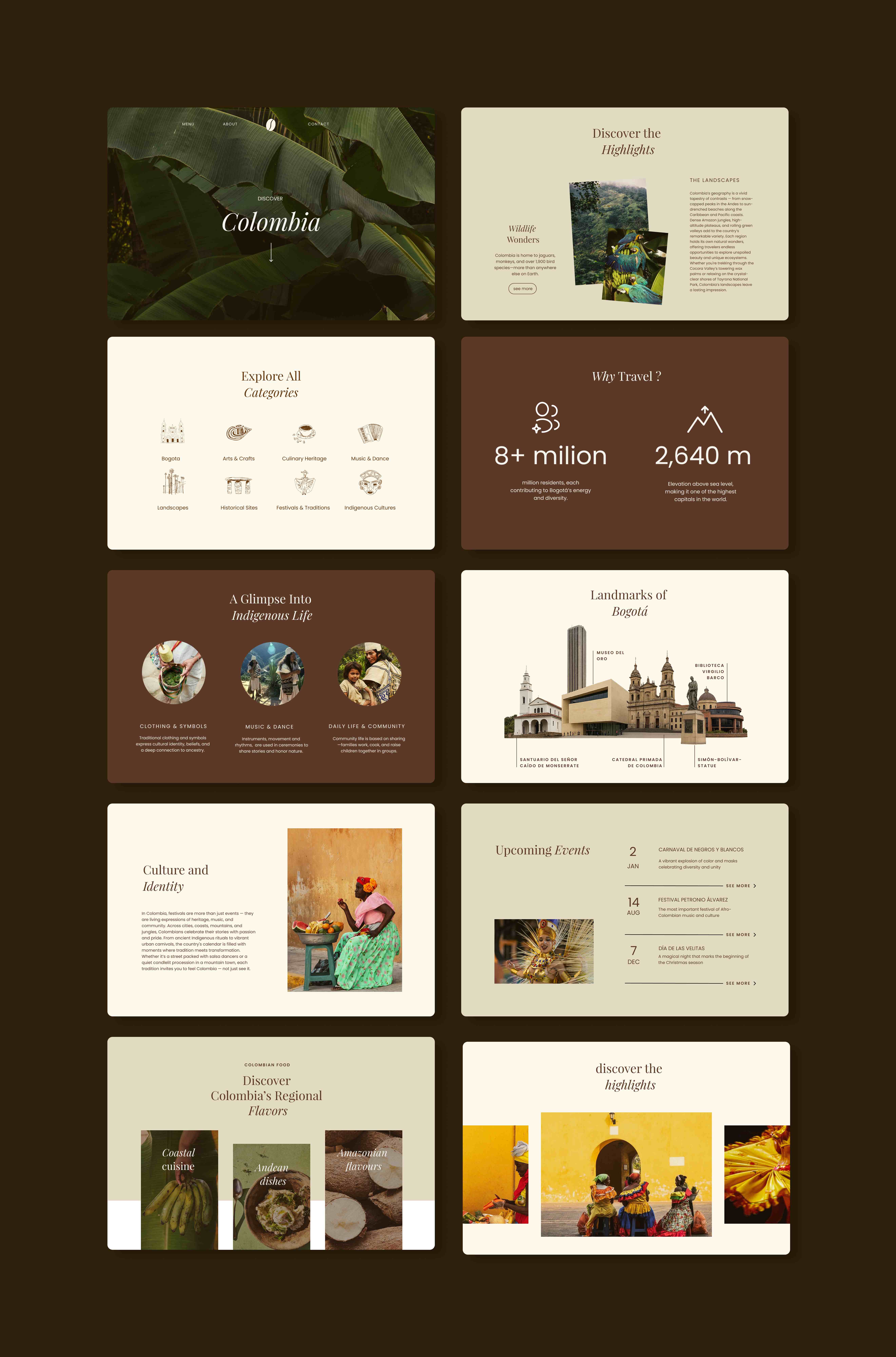 Showcase grid of the Colombia website screens: hero, highlights, categories, travel stats, indigenous life, landmarks, culture, events, and regional flavors