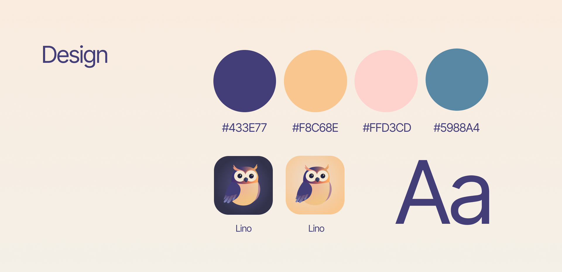 Lino design system showing the color palette, owl app icons, and typography