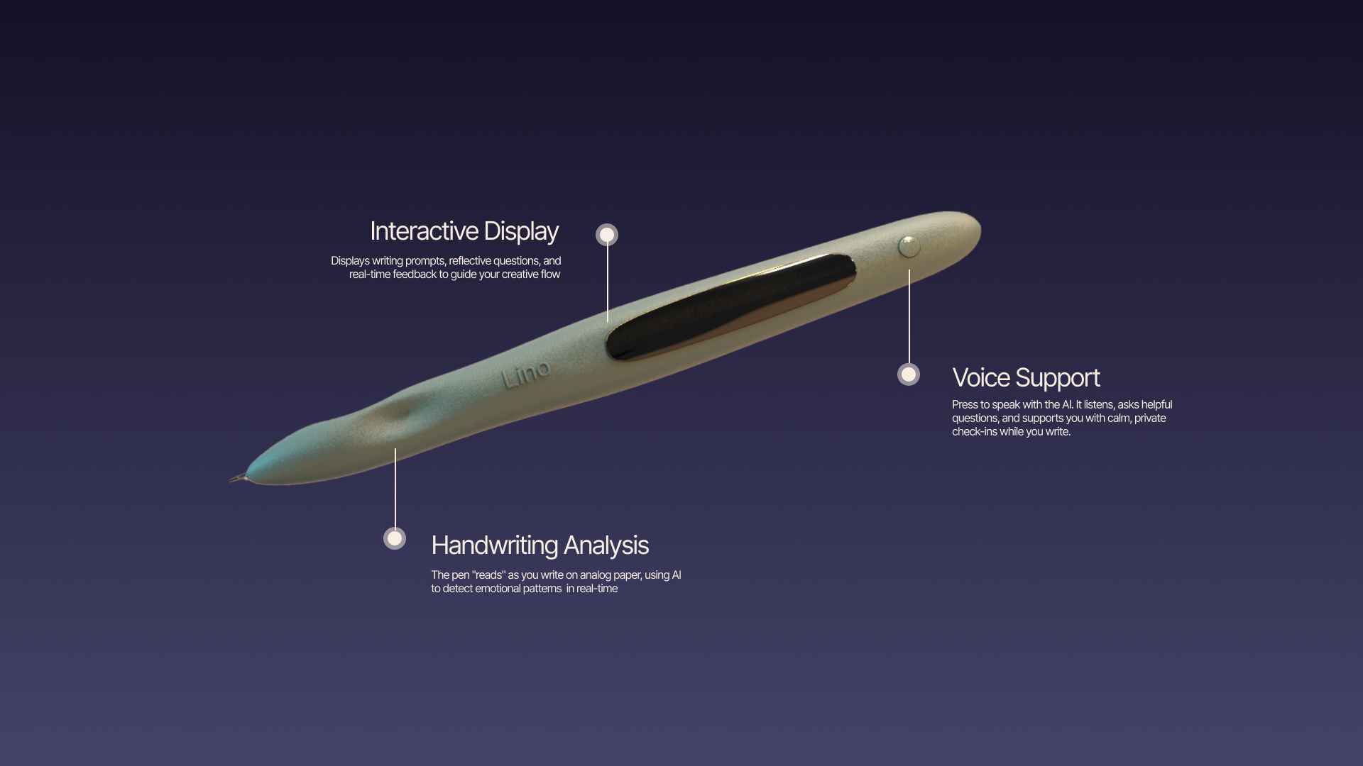 Lino pen concept with interactive display, voice support, and handwriting analysis callouts