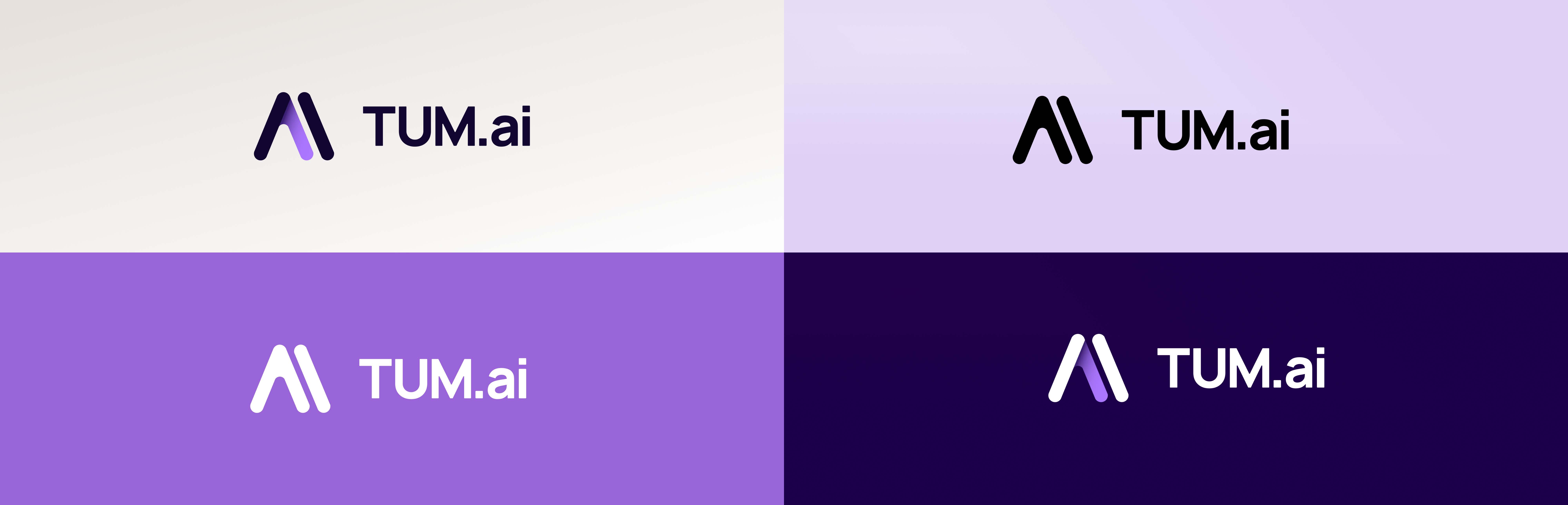 TUM.ai logo lockups shown across four brand backgrounds: off-white, lavender tint, electric lavender, and dark indigo